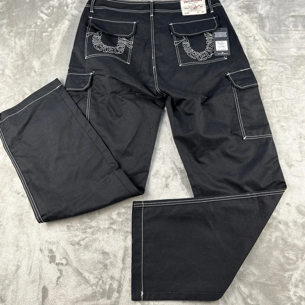 True Religion Cargo Pants Mens 34 Baggy EMB HS SN Jet Black Contrast Stitch NEW